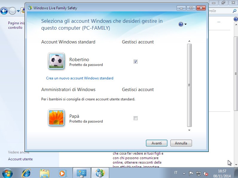 controllo genitori selezione utente per Windows Live Family Safety