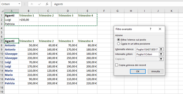 Microsoft Excel filtro avanzato