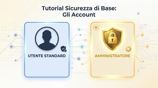 Rappresentazione grafica della gestione degli account di sistema: confronto tra utente standard e amministratore per la prevenzione dai malware e la sicurezza informatica.